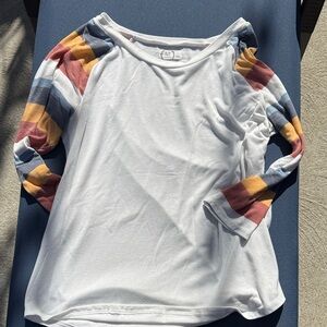 Maurices White Top with Multicolor Striped Sleeves